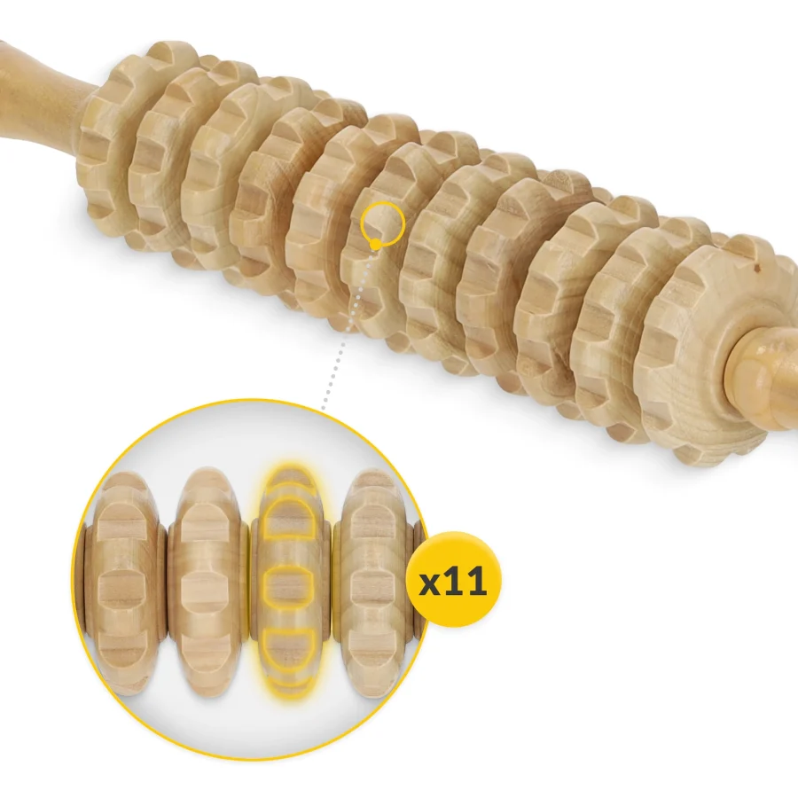 Stor massasjerulle i tre med 11 ruller – 21 cm – bilde 3 av 8