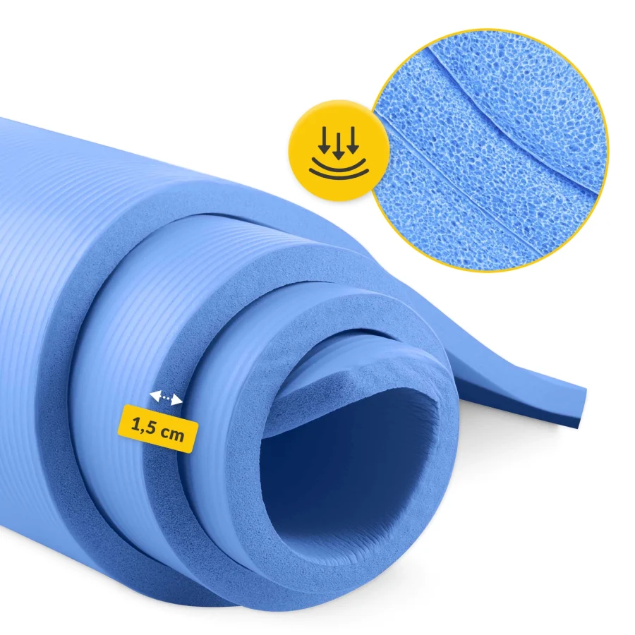 Treningsmatte NBR for yoga og fitness 1,5 cm blå – bilde 3 av 8