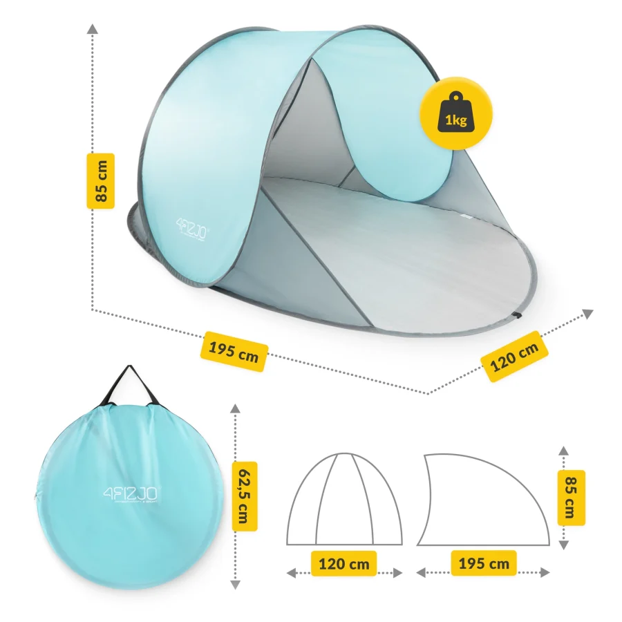 Pop-up strandtelt – 195 × 120 × 85 cm, grå/blå – bilde 6 av 8